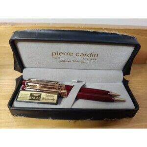 PIERRE CARDIN VINTAGE PEN & MECHANICAL PENCIL SET Rough BOX Gold TONE Maroon